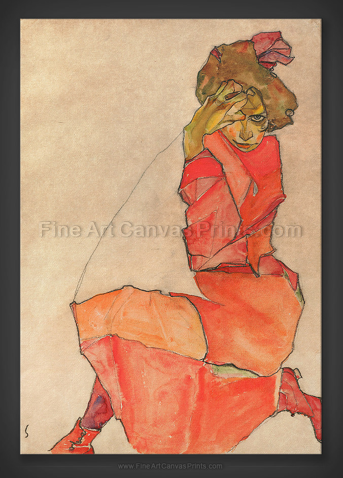 Kneeling Female in Orange Red Dress by Egon Schiele Art Print